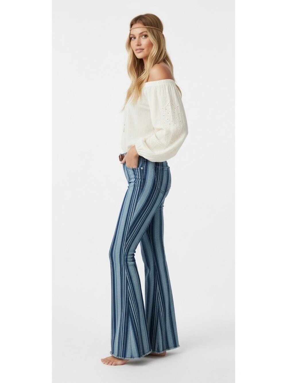 RARE NWT Free People Blue Stripe Super Flare Bell Bottom Jeans | Costal Cowgirl - Picture 5 of 16
